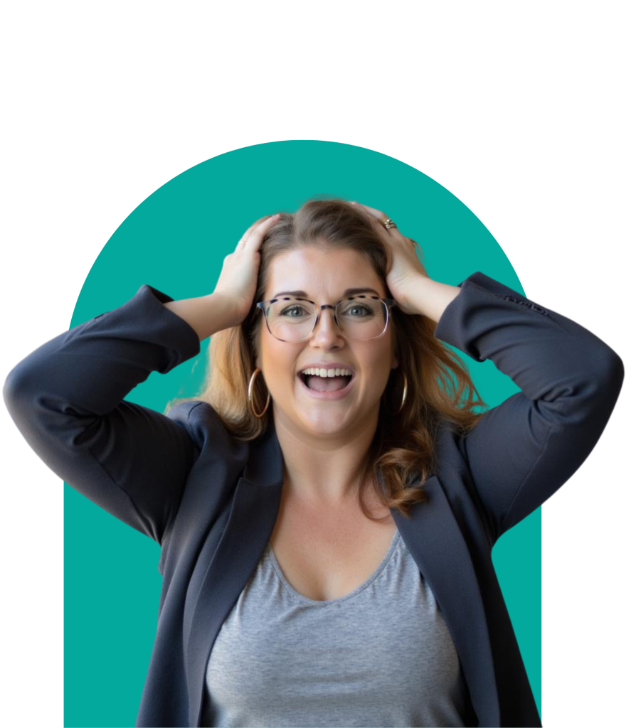 Lauren Bonk on teal background CEO mom business coach portrait