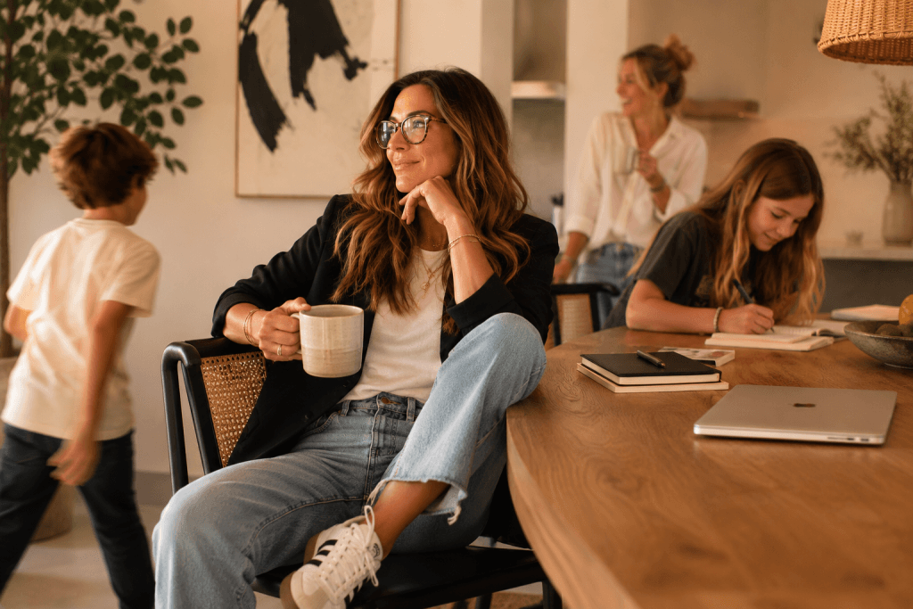 A CEO mom at her kitchen table while her kids move around her