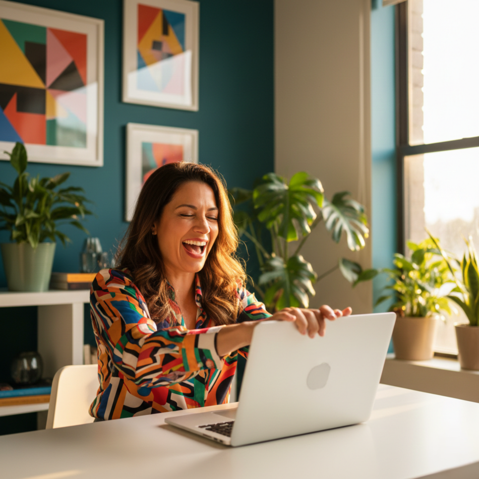 Business owner closing laptop after optimizing systems for work-life balance