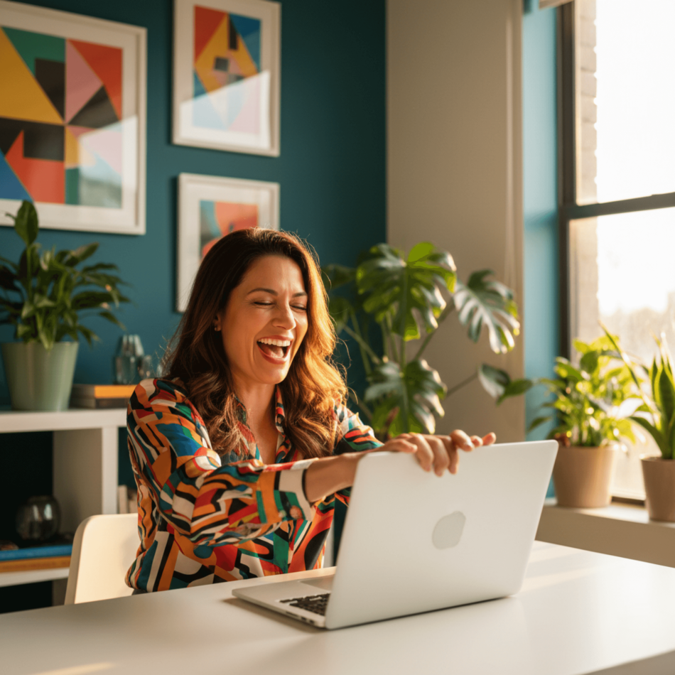 Business owner closing laptop after optimizing systems for work-life balance