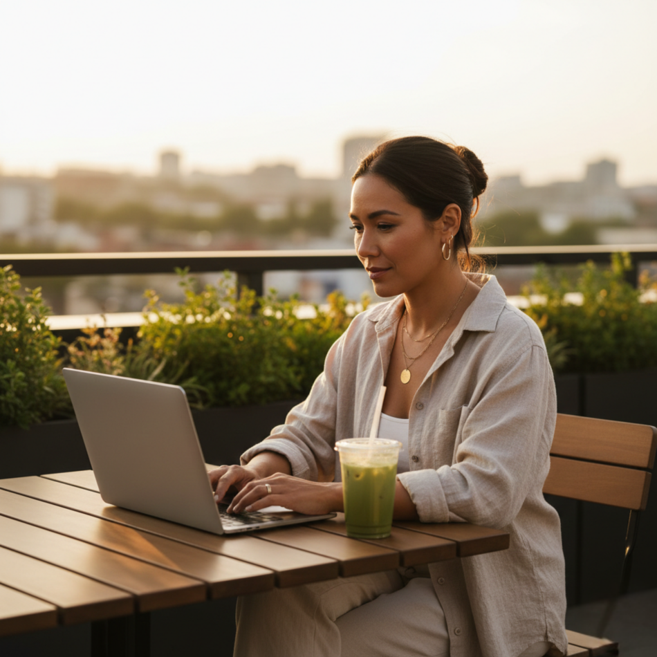 CEO parent working on laptop from patio at home