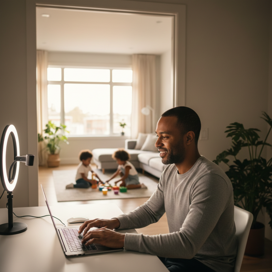 CEO parent working from home with ring light on video call